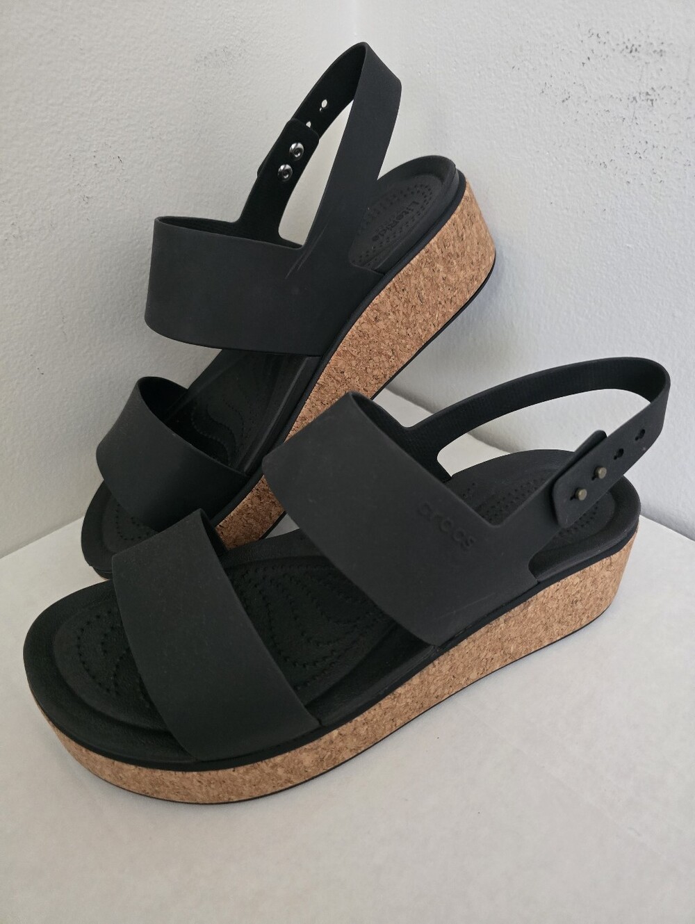 Crocs Black Cork Platform Slingback Sandals 9W NEW